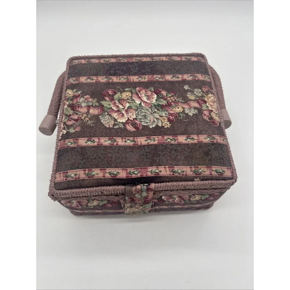 Floral Wicker Sewing Basket Box Vintage Granny Chic Pin Cushion Box